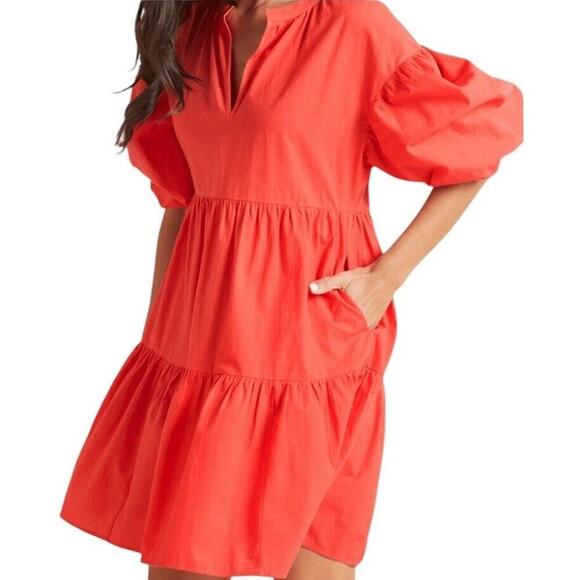 EVEREVE Sundry The Anywhere Babydoll Dress M Red Tiered Balloon Sleeves Cottage - Picture 16 of 16